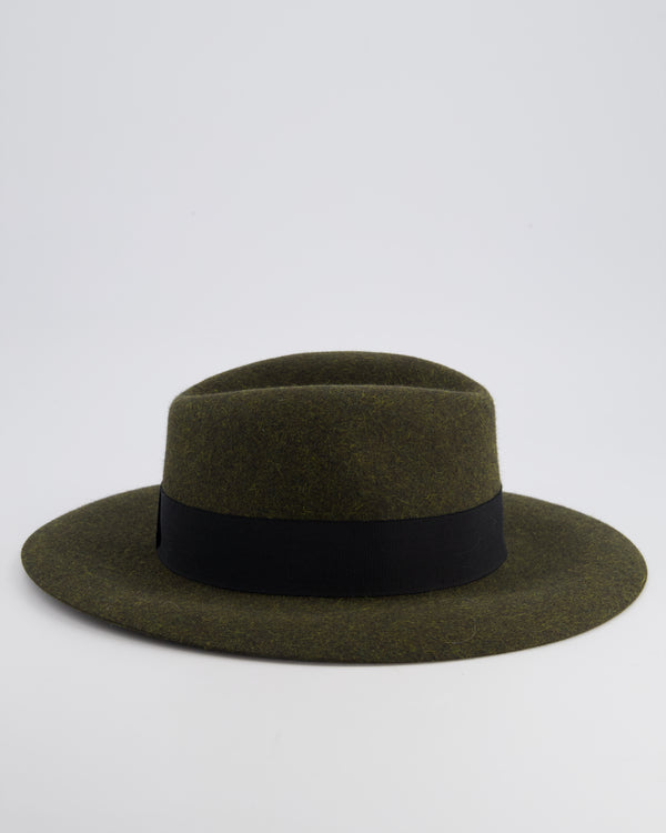 Maison Michel Paris Dark Green Wool Felt Hat with Black Bandeaux Detail