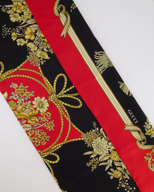 Gucci Red Silk Scarf with Gold Floral Print Detail Size 90x90cm