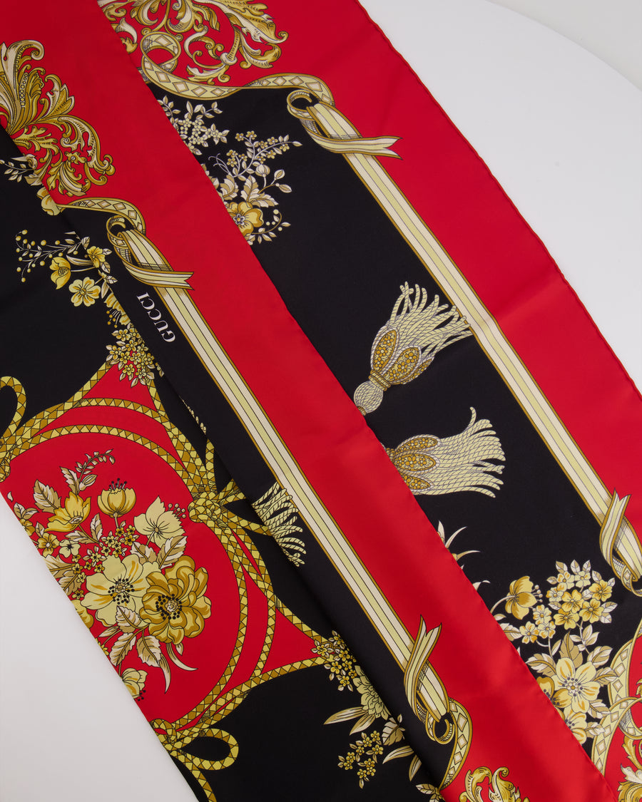 Gucci Red Silk Scarf with Gold Floral Print Detail Size 90x90cm