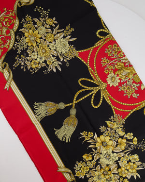 Gucci Red Silk Scarf with Gold Floral Print Detail Size 90x90cm