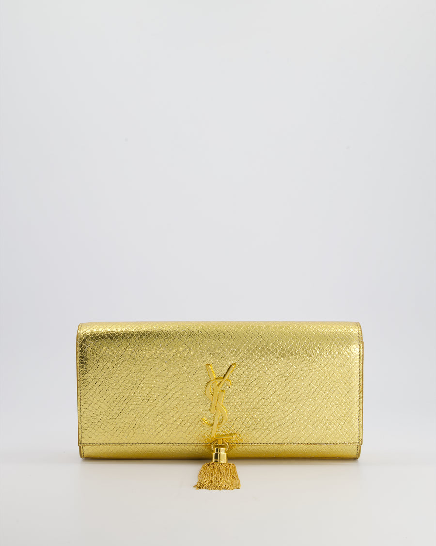 Saint Laurent Gold Python Embossed Leather Kate Clutch Bag with Gold Hardware and Tassel Chain Detail