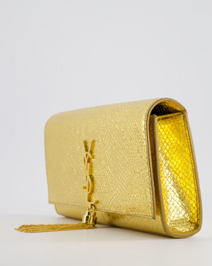 Saint Laurent Gold Python Embossed Leather Kate Clutch Bag with Gold Hardware and Tassel Chain Detail