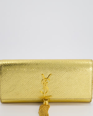 Saint Laurent Gold Python Embossed Leather Kate Clutch Bag with Gold Hardware and Tassel Chain Detail