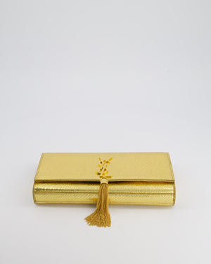 Saint Laurent Gold Python Embossed Leather Kate Clutch Bag with Gold Hardware and Tassel Chain Detail