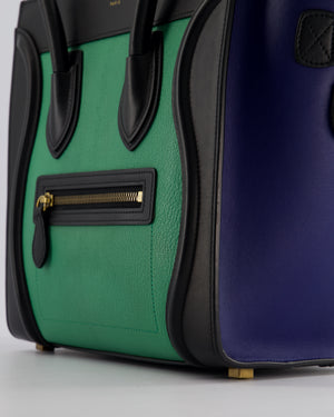 Celine Green, Black and Navy Tri-Colour Luggage Hand Bag in Calfskin Leather with Gold Hardware