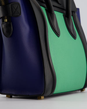 Celine Green, Black and Navy Tri-Colour Luggage Hand Bag in Calfskin Leather with Gold Hardware