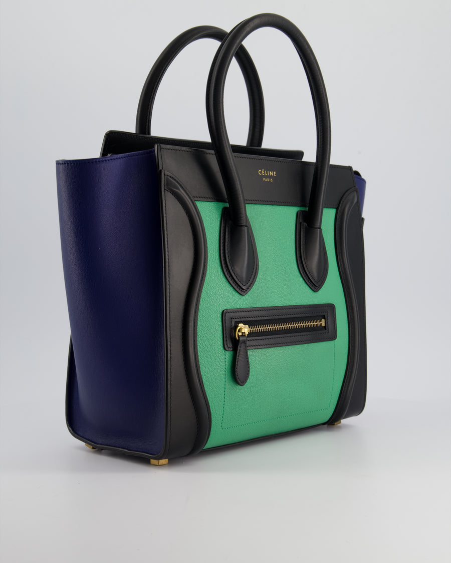 Celine Green, Black and Navy Tri-Colour Luggage Hand Bag in Calfskin Leather with Gold Hardware