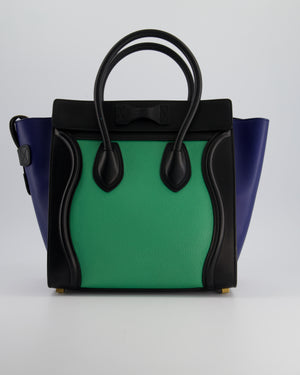 Celine Green, Black and Navy Tri-Colour Luggage Hand Bag in Calfskin Leather with Gold Hardware