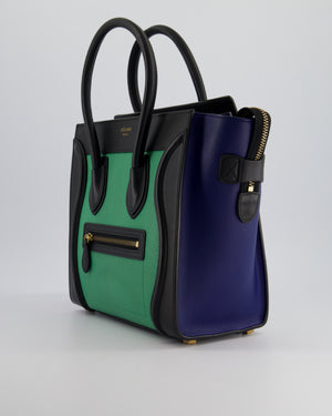 Celine Green, Black and Navy Tri-Colour Luggage Hand Bag in Calfskin Leather with Gold Hardware