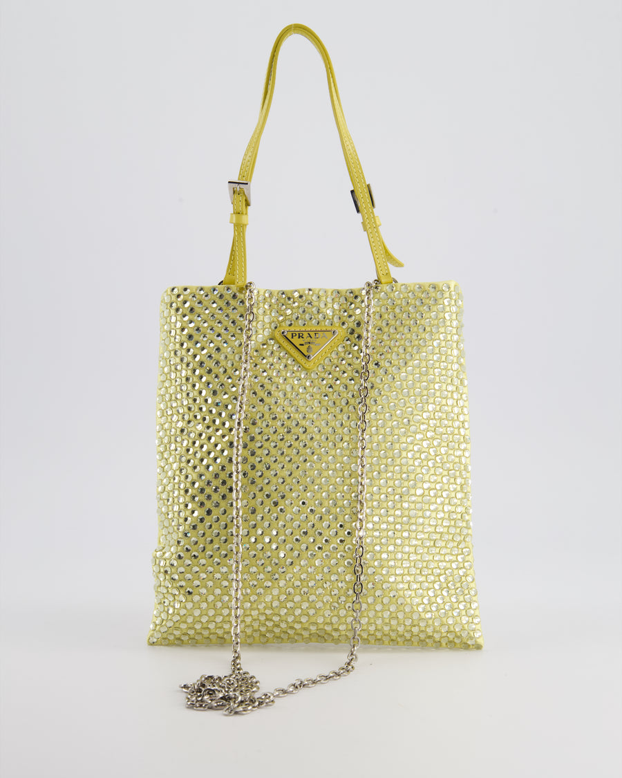 Prada Yellow Satin Crystal Bag with with Chain and Triangle Logo Detail and Silver Hardware