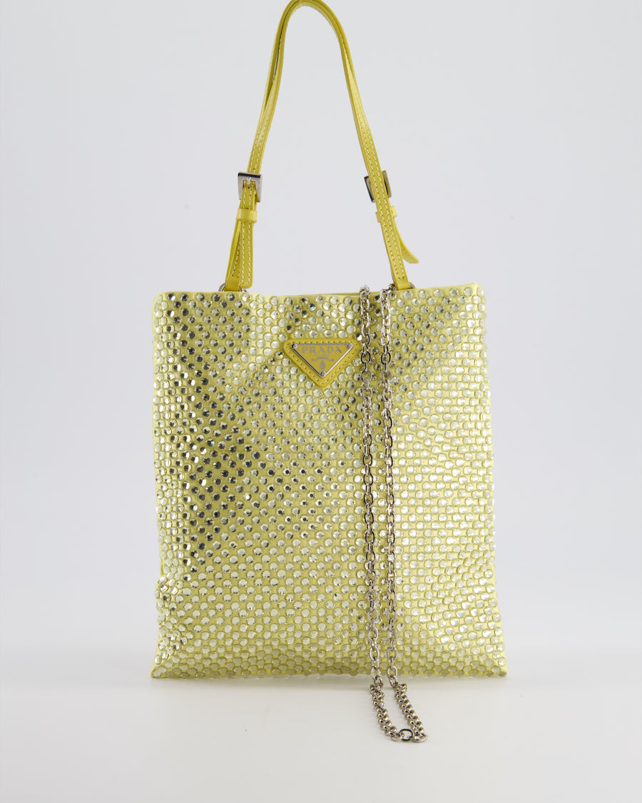 Prada Yellow Satin Crystal Bag with with Chain and Triangle Logo Detail and Silver Hardware