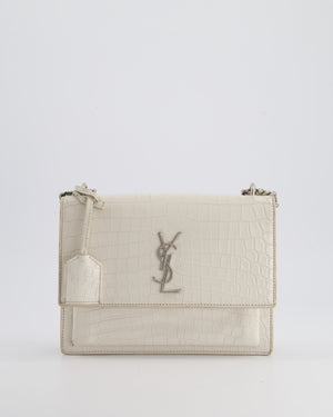 Saint Laurent Ivory Croc-Embossed Small Sunset Bag with Silver Hardware