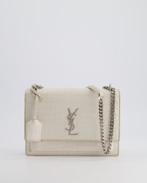 Saint Laurent Ivory Croc-Embossed Small Sunset Bag with Silver Hardware