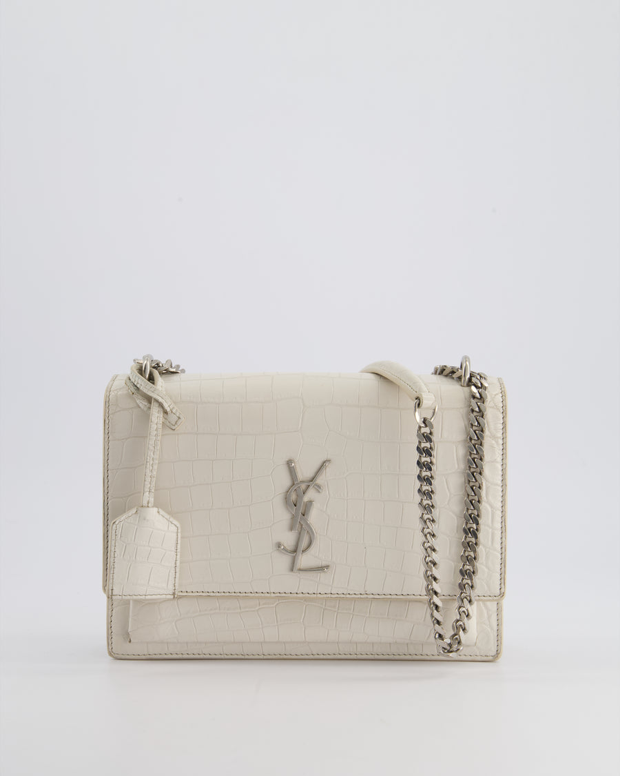 Saint Laurent Ivory Croc-Embossed Small Sunset Bag with Silver Hardware