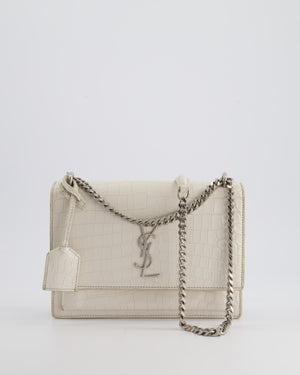 Saint Laurent Ivory Croc-Embossed Small Sunset Bag with Silver Hardware