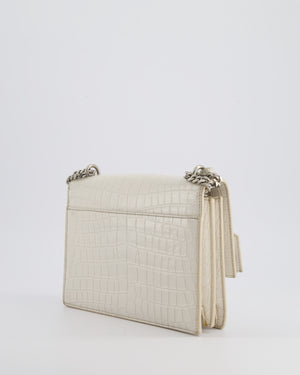 Saint Laurent Ivory Croc-Embossed Small Sunset Bag with Silver Hardware