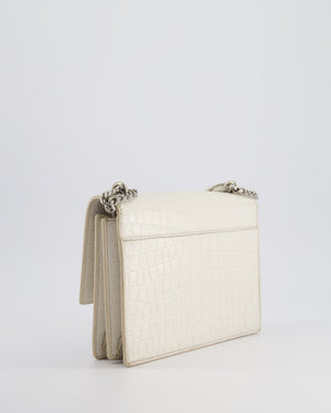 Saint Laurent Ivory Croc-Embossed Small Sunset Bag with Silver Hardware