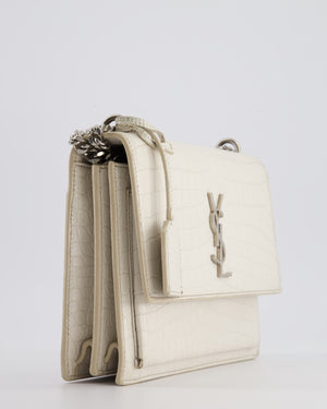 Saint Laurent Ivory Croc-Embossed Small Sunset Bag with Silver Hardware