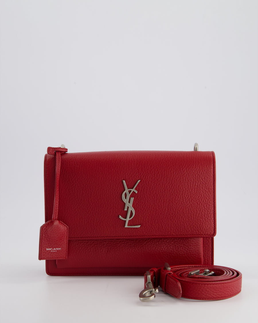 Saint Laurent Red Medium Leather Sunset Bag in Grained Calfskin Leather with Antique Silver Hardware &amp; Leather Strap RRP £1,930