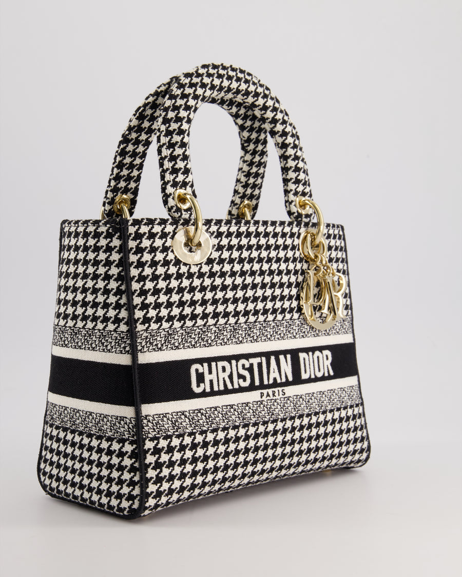 *RARE* Christian Dior Black & White Houndstooth Medium Lady Dior Bag in Canvas with Champagne Gold Hardware