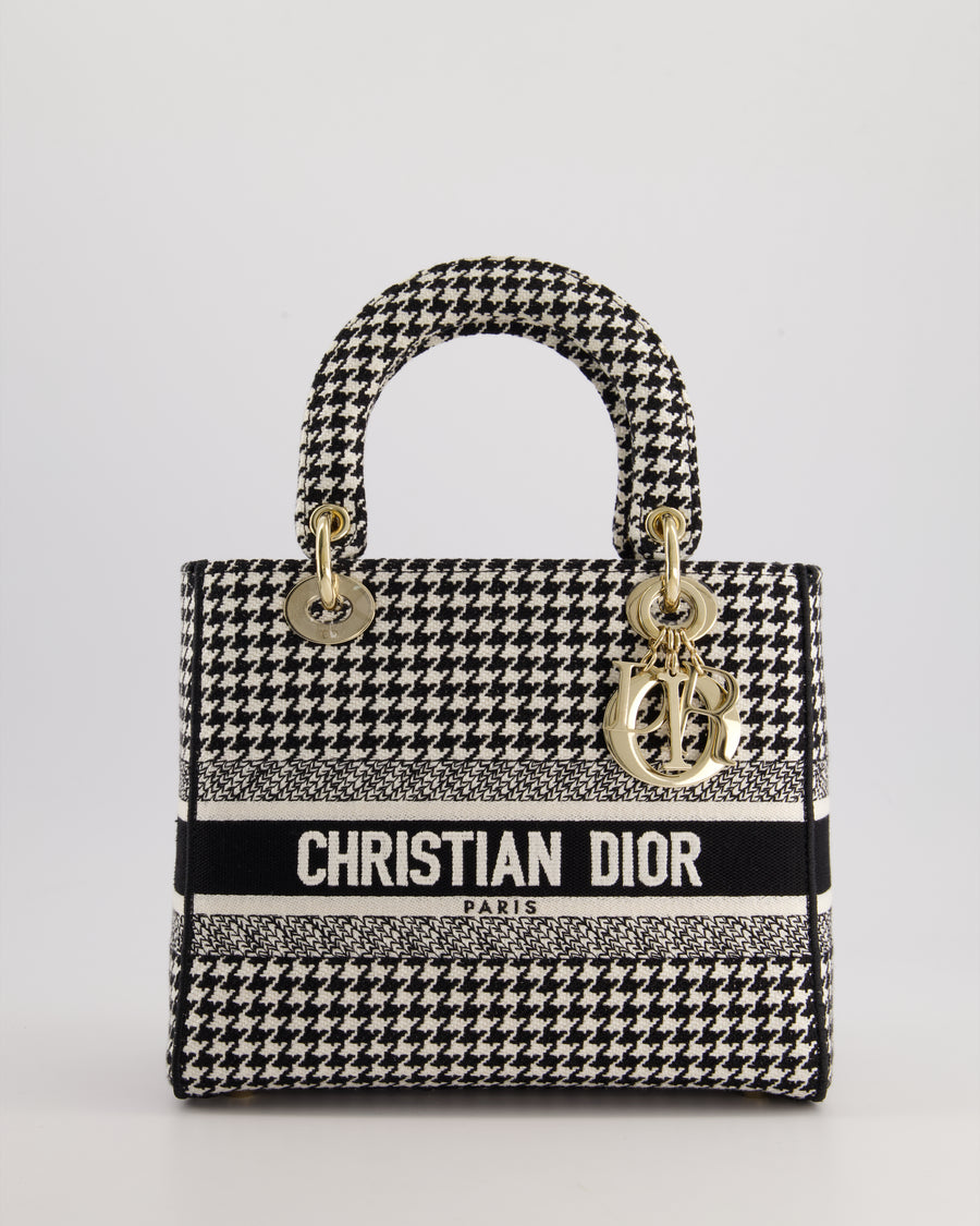 *RARE* Christian Dior Black & White Houndstooth Medium Lady Dior Bag in Canvas with Champagne Gold Hardware