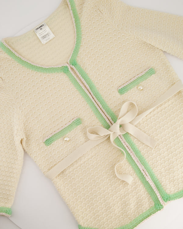 Chanel Cream Cashmere Belted Cardigan With Lilac & Green Woven Trim and Pearl Details Size FR 42 (UK 14)