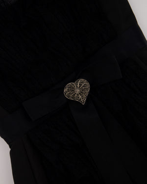 Chanel Black Silk Gown With Lace Overlay and Silver CC Heart Detail Size FR 38 (UK 10)