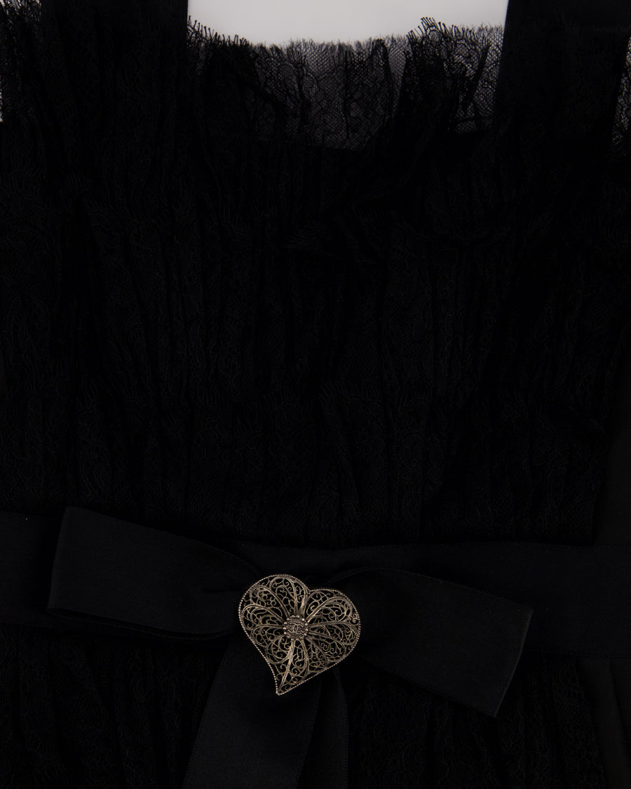 Chanel Black Silk Gown With Lace Overlay and Silver CC Heart Detail Size FR 38 (UK 10)