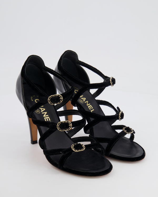 Chanel Black Suede and Patent Heels with Gold CC Logo Detail Size EU 36.5