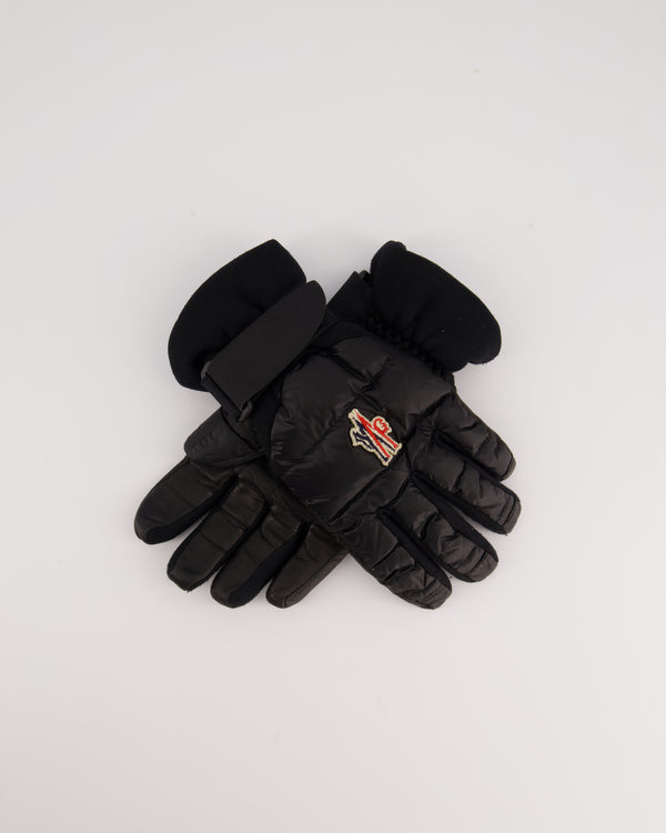 Moncler Black Leather and Nylon Ski Gloves with Embroidered Logo Size M