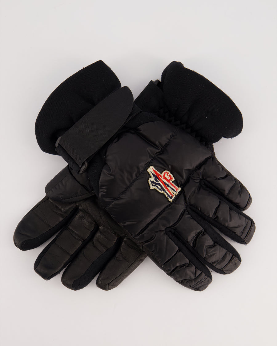 Moncler Black Leather and Nylon Ski Gloves with Embroidered Logo Size M