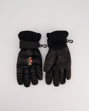 Moncler Black Leather and Nylon Ski Gloves with Embroidered Logo Size M