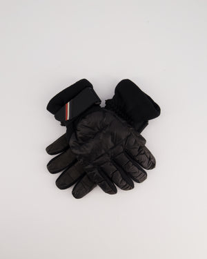 Moncler Black Leather and Nylon Ski Gloves with Embroidered Logo Size M