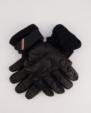 Moncler Black Leather and Nylon Ski Gloves with Embroidered Logo Size M