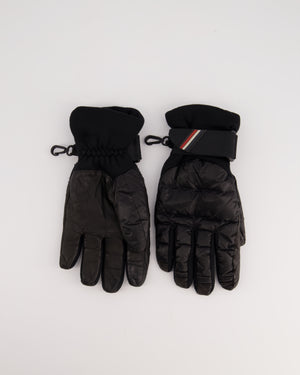 Moncler Black Leather and Nylon Ski Gloves with Embroidered Logo Size M