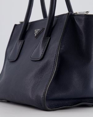 Prada Navy Leather Medium Tote Bag with Logo and Silver Hardware RRP £1,950