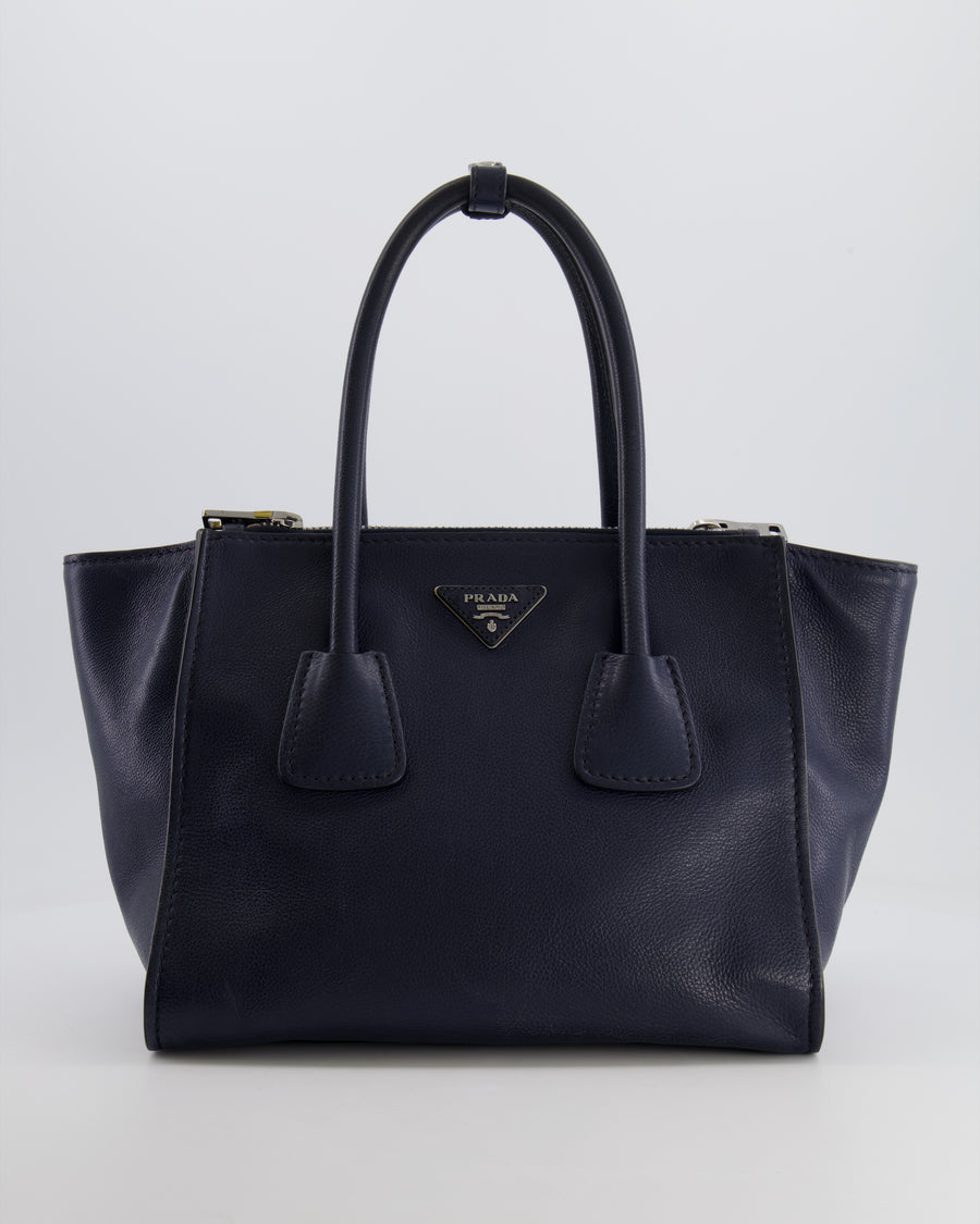 Prada Navy Leather Medium Tote Bag with Logo and Silver Hardware RRP £1,950