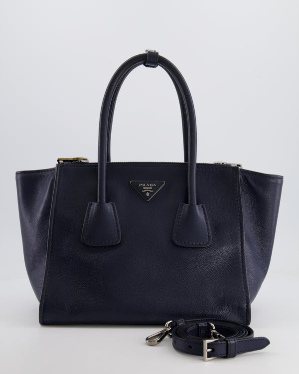 Prada Navy Leather Medium Tote Bag with Logo and Silver Hardware RRP £1,950