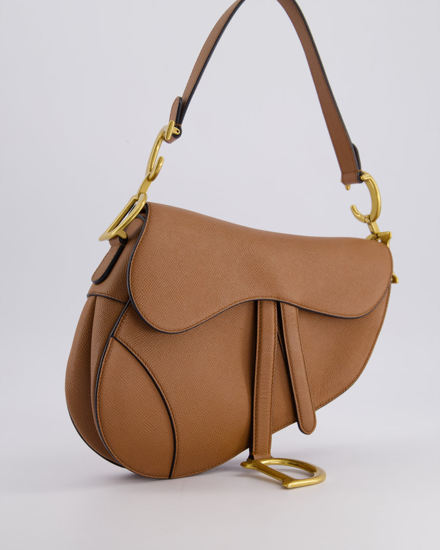 Christian Dior Brown Saddle Bag in Grained Calfskin Leather with Antique Gold Hardware