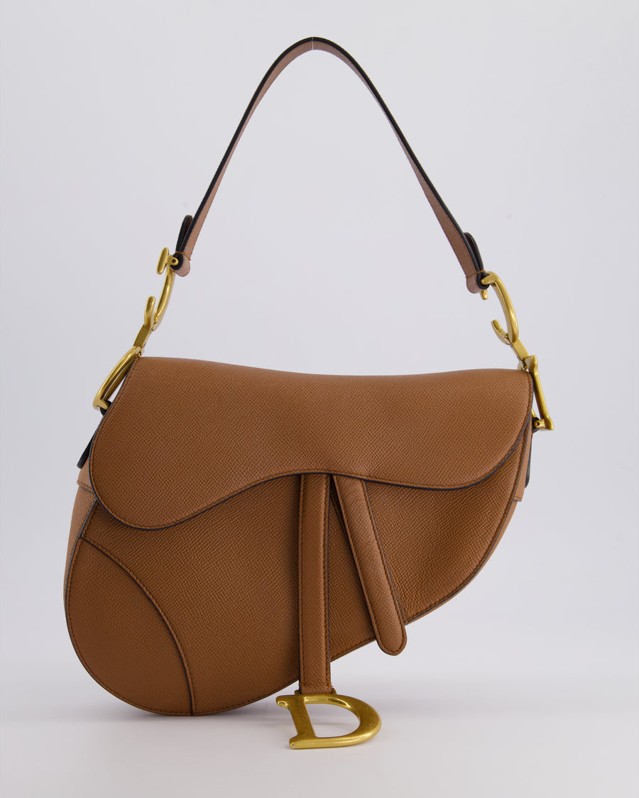 Christian Dior Brown Saddle Bag in Grained Calfskin Leather with Antique Gold Hardware