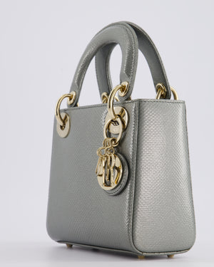 Christian Dior Light Grey Metallic Lizard Mini Lady Dior Bag with Champagne Gold Hardware