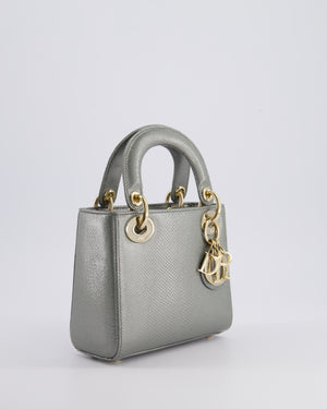 Christian Dior Light Grey Metallic Lizard Mini Lady Dior Bag with Champagne Gold Hardware