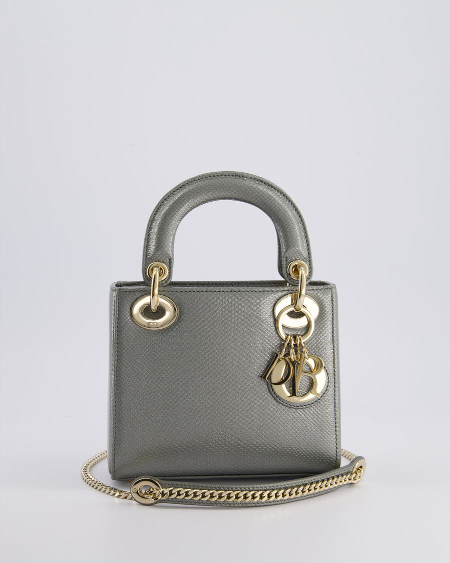 Christian Dior Light Grey Metallic Lizard Mini Lady Dior Bag with Champagne Gold Hardware