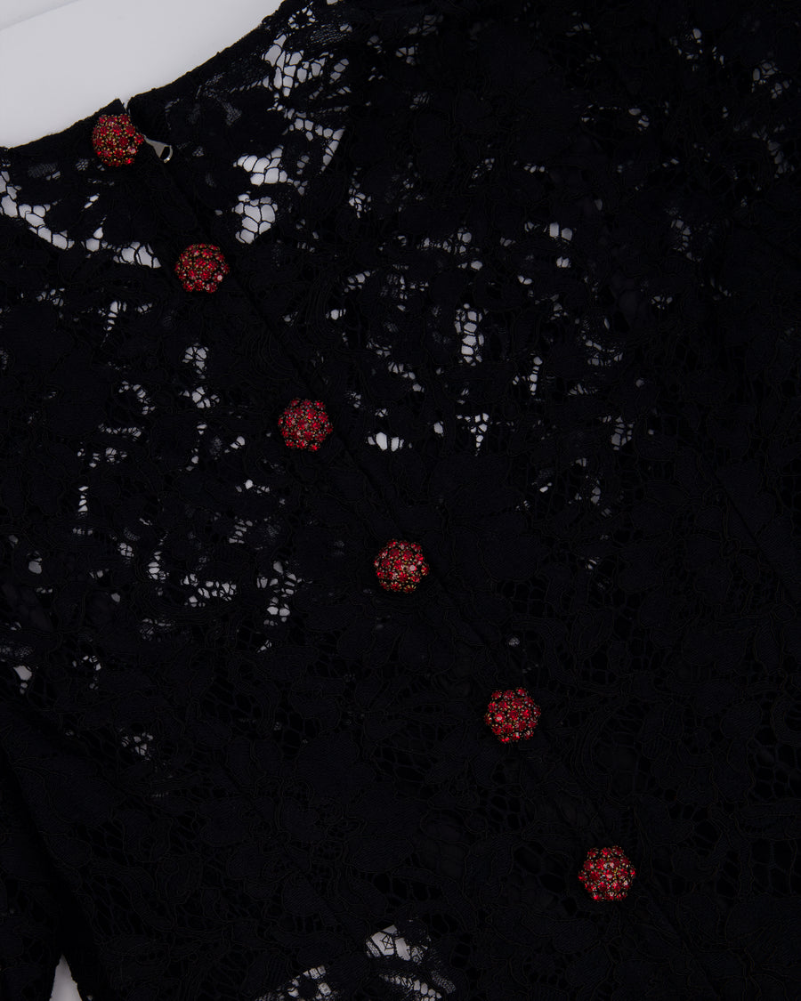 Dolce & Gabbana Black Lace Short Sleeve Dress with Red Crystal Button Details Size IT 40 (UK 8)