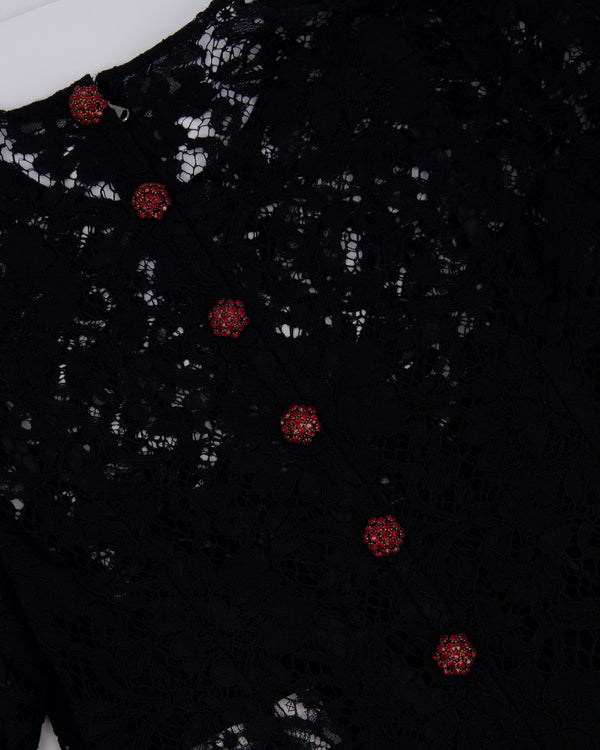 Dolce & Gabbana Black Lace Short Sleeve Dress with Red Crystal Button Details Size IT 40 (UK 8)