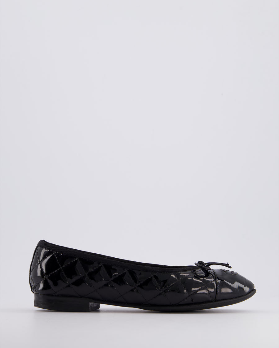 Chanel Black Patent Quilted Ballet Flats with CC Logo Size EU 37C