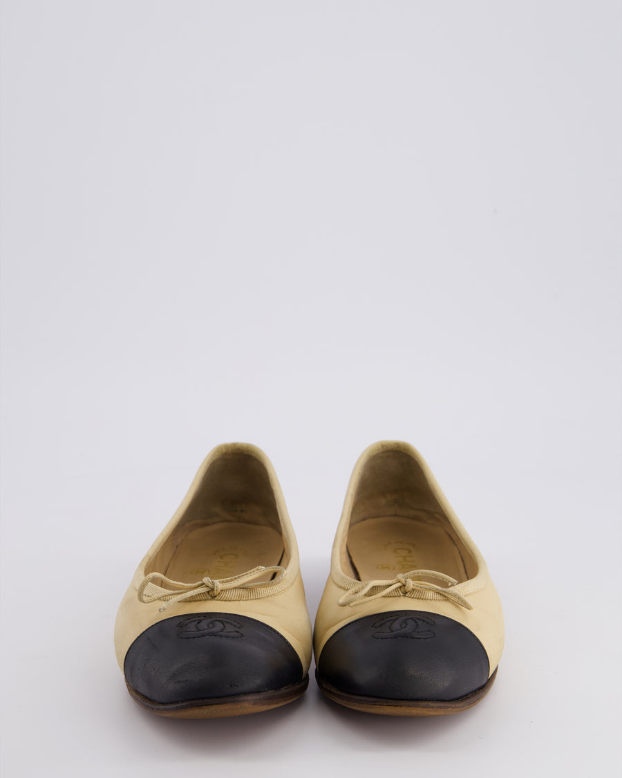 Chanel Beige, Black Leather Ballet Flats with CC Logo Detail Size EU 37.5