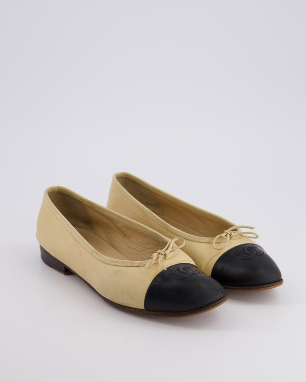 Chanel Beige, Black Leather Ballet Flats with CC Logo Detail Size EU 37.5