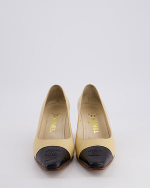 Chanel Vintage Beige, Black Pointed Leather Heels with CC Logo Detail Size EU 37.5