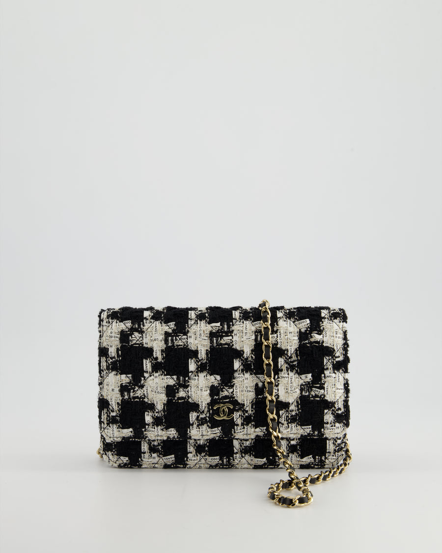 *HOT* Chanel Black & White Houndstooth Wallet on Chain Bag in Tweed with Champagne Gold Hardware